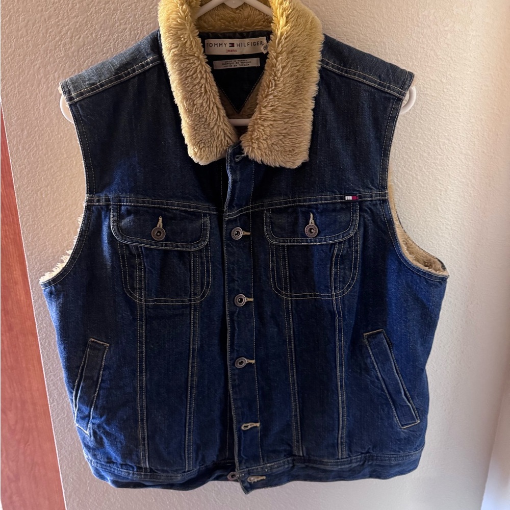 Tommy Hilfiger Blue Denim Vest with Tan Faux Fur Collar